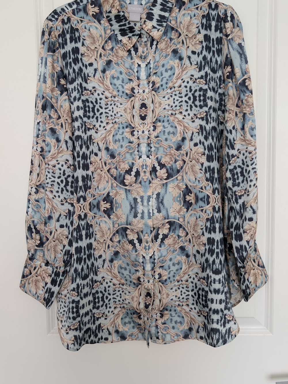 Chico's Blue and Beige Ornate-Print Button-Down Shirt